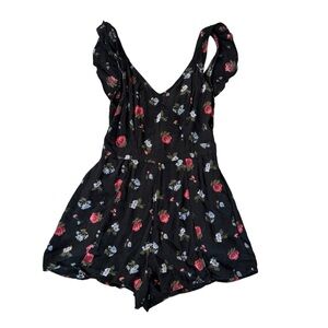 American Eagle Women’s Romper Cutout Keyhole Back Black Flared Floral Sz S/P/CH